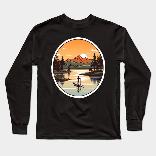 Paddleboarder's Retreat at Mountain Lake Sunset Long Sleeve T-Shirt by AIHRGDesign